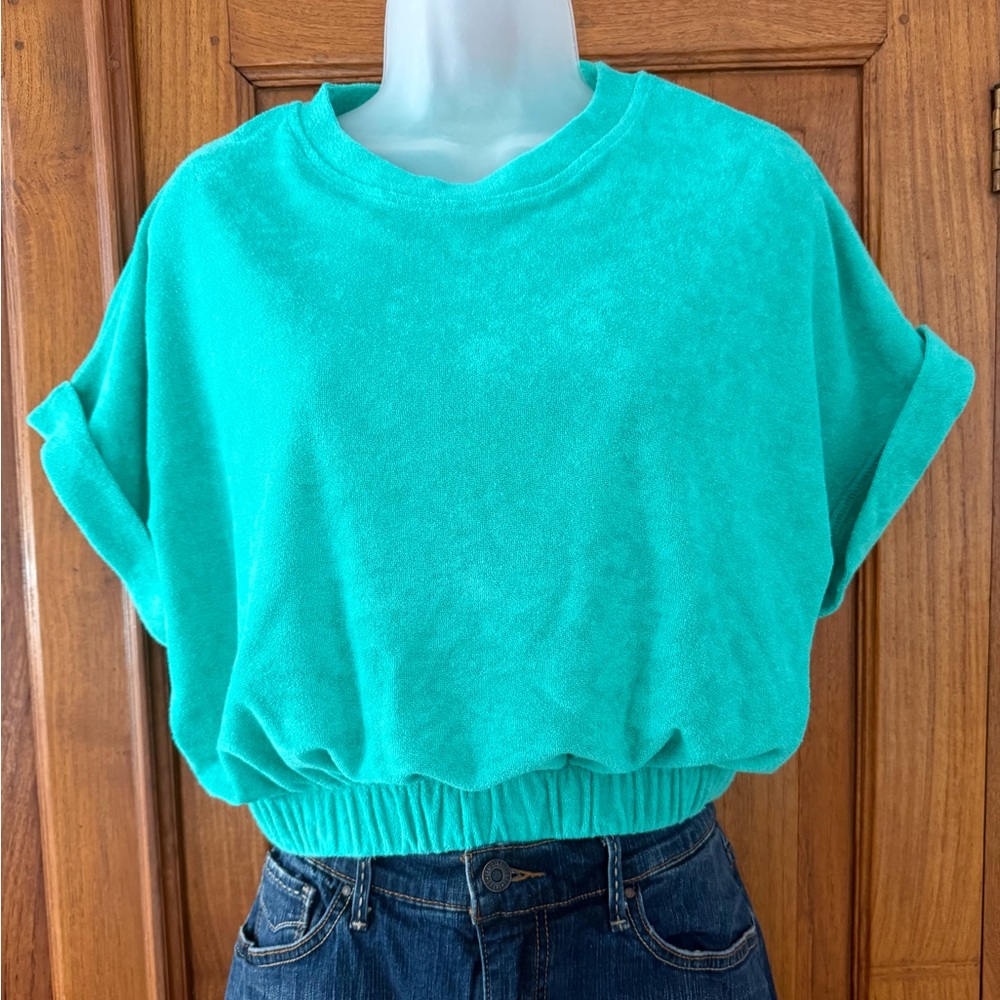 Elan Short sleeve elastic waist Terry  Crop Top